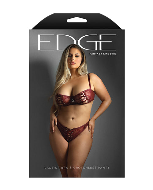 Edge Lace and Mesh Underwire Bra & Crotchless Panty w/Lace-up Detail - Burgundy
