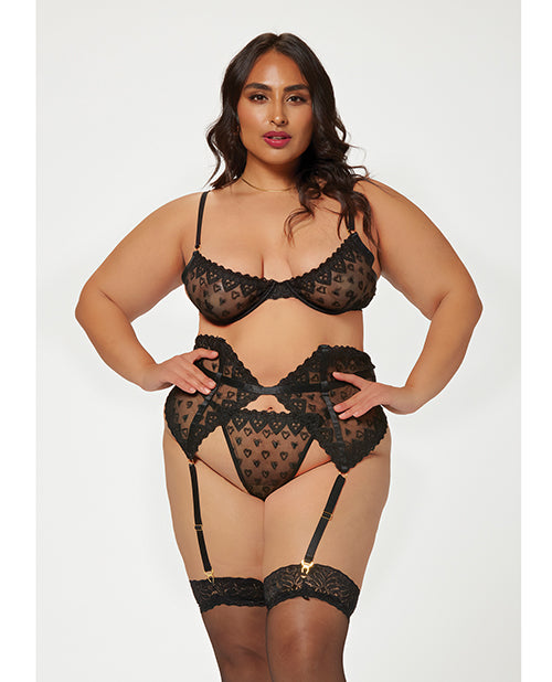 Valentines Heart Embroidered Mesh Bra, Waspie & Panty Black